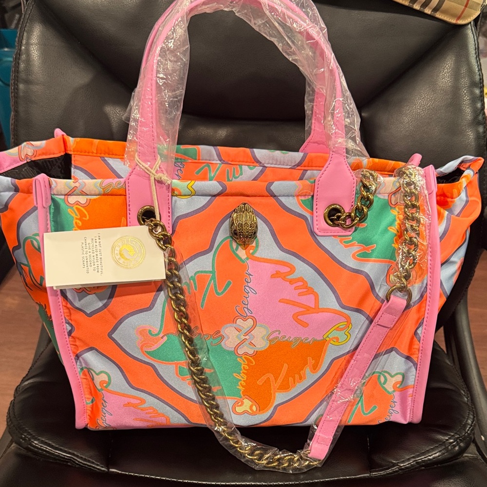 Kurt Geiger Orange, Pink & Mint Patterned Tote with Gold Chain